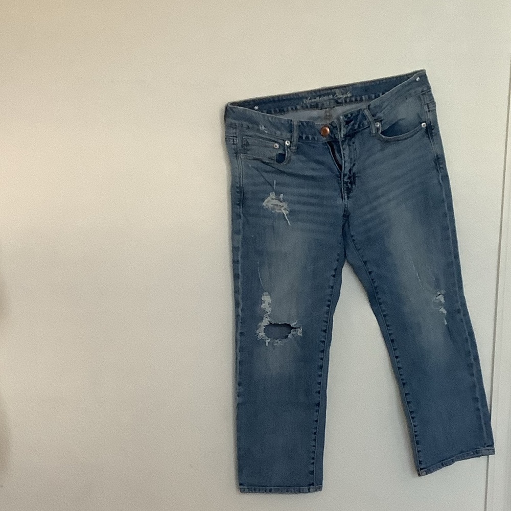 American Eagle Outfitters Blue Distressed Cropped Boyfriend jeans